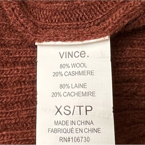VINCE Rust Cashmere Wool Boatneck Zip Shoulder Rib Knit Loose Sweater Poncho XS - Picture 9 of 10
